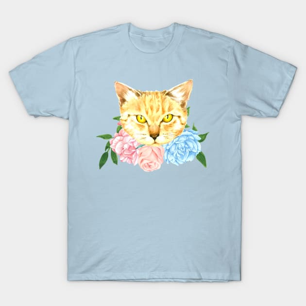 Cute Watercolor Cat with Flowers - Orange Cat T-Shirt by gabby.gp.designs